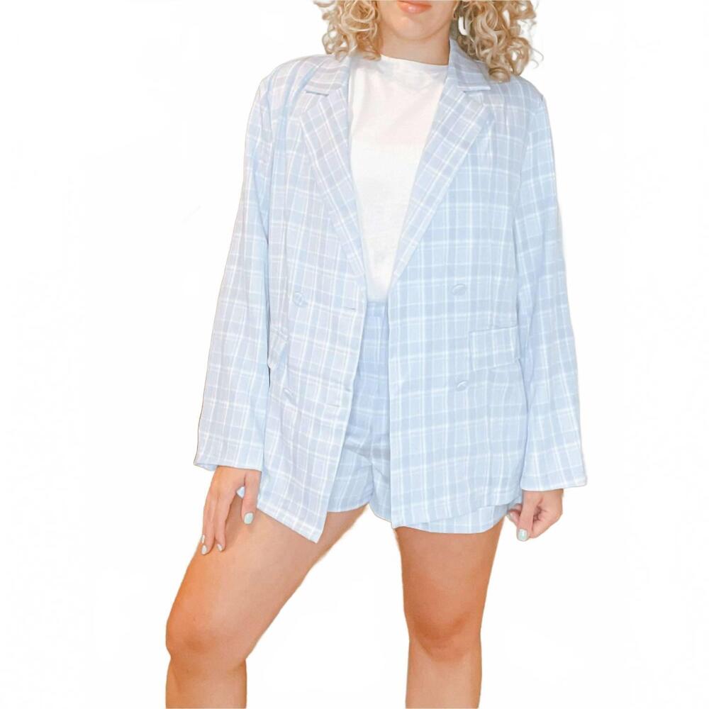 NEW LENA nora plaid oversized double breasted blazer in blue/white